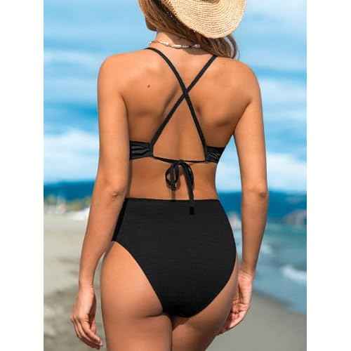 CUPSHE Women's One Piece Swimsuit Plunging Neck Cutouts Bathing Suit Textured Ruched Crisscross Back Self Tie Swimwear