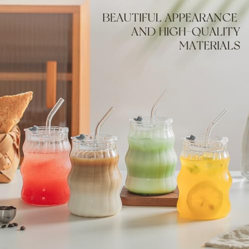 KEMORELA 4PCS Ribbed Glass Cups with Lids & Straws – 18oz Vintage Wavy Coffee Cups, Bubble Glass Aesthetic for Iced Coffe...