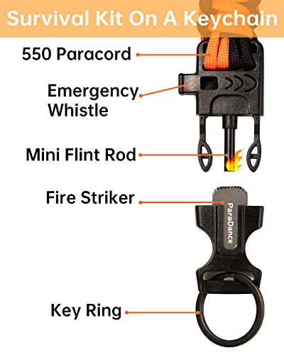 ParaDance Survival Keychain Fire Starter w/Flint Striker Paracord Whistle Keyring for Hiking Camping Fishing Hunting