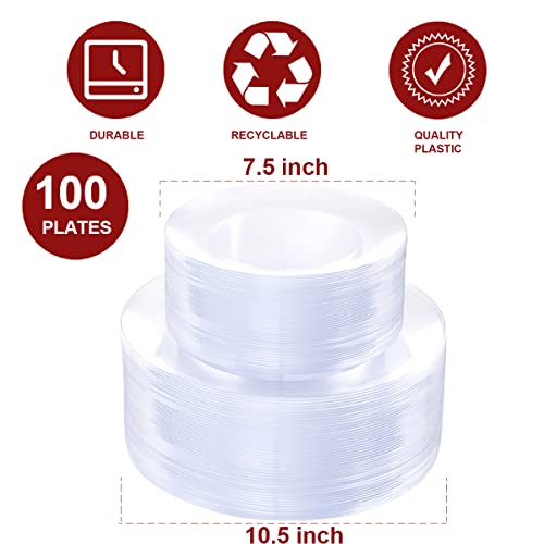 PULOTE 100Pieces Clear Plastic Plates - Premium Heavyweight Plastic Clear Plates Disposable for Wedding&Party Include 50 C...