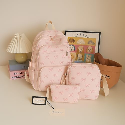 3-Piece Artistic Heart Print Backpack Set - Large Capacity Casual Travel Bag with Lunch Box and Case - Korean Style Daypac...