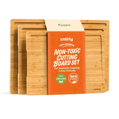 SMIRLY Bamboo Wooden Cutting Boards for Kitchen, Set of 3 Large - Small, Bamboo Wood Cutting Board Set with Deep Juice Gro...