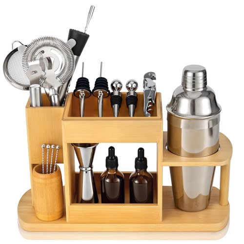 Lexenic Cocktail Making Dock, 23-Piece Cocktail Shaker Set with Freeform Bamboo Stand, Easy Access Stainless Steel Bartend...