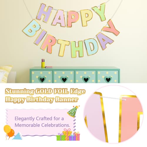 LITAUS Happy Birthday Banner & Sign - 9ft Pre-Strung No Assembly | Pastel Birthday Decorations for Women, Girls, Boys, Adu...
