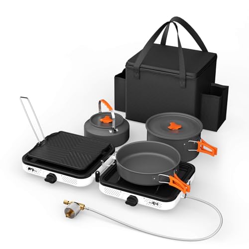 Hisencn Camping Stove,2 Burner Propane Stove,20000 BTU/h Camping Cooking set Includes Frying Pan,Kettle and Pot,Adjustable...