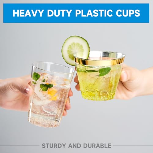 RACETOP 9 oz 200 Pack Plastic Cups with Gold Rim, Disposable Gold Rim Clear Plastic Cups for Parties, Gatherings, Wedding...
