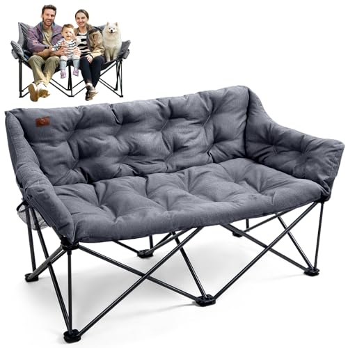 EVER ADVANCED Extra Large Double Camping Chair for Adults, Family Size Padded Folding Camping Love Seat Bench with Side Po...