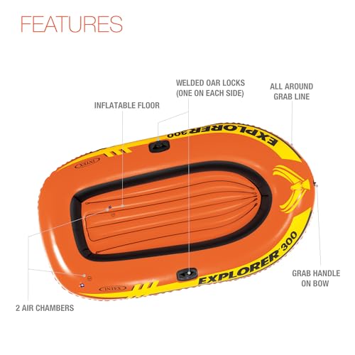INTEX Explorer Inflatable Boat Series: Dual Air Chambers – Welded Oar Locks – Grab Handles – Bow Rope – Sporty Design