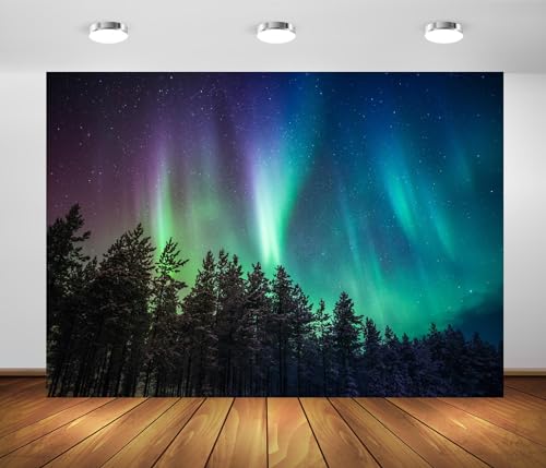 BELECO 8x6ft Fabric Night Forest Northern Lights Backdrop Pine Trees Forest Aurora Borealis Starry Sky Stars Background Po...