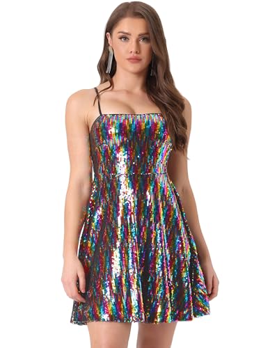 Allegra K Women Sequin Mini Dresses Party Club Adjustable Spaghetti Strap Festival Outfits Sparkly Disco Dress