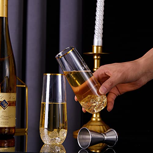 N9R 24PCS Plastic Champagne Flutes, 9 Oz Stemless Disposable Gold Rim Toasting Glasses, Crystal Clear Cocktail Cups Drinkw...