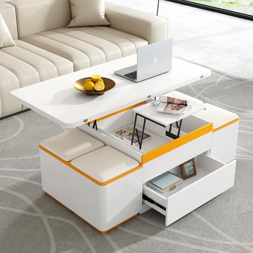 HomVent 47.72" Lift-Top Coffee Table, Wood Coffee Tables with 4 Storage Stools, Modern Couch Side Table, Space Saving Center Cocktail Table with Foldable Top for Living Room Bedroom