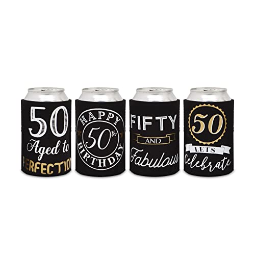 Sparkle and Bash 50th Birthday Can Cooler Sleeves - Medium, Black & Gold, 12-Pack - Insulated Neoprene Holder for 12 Oz Ca...