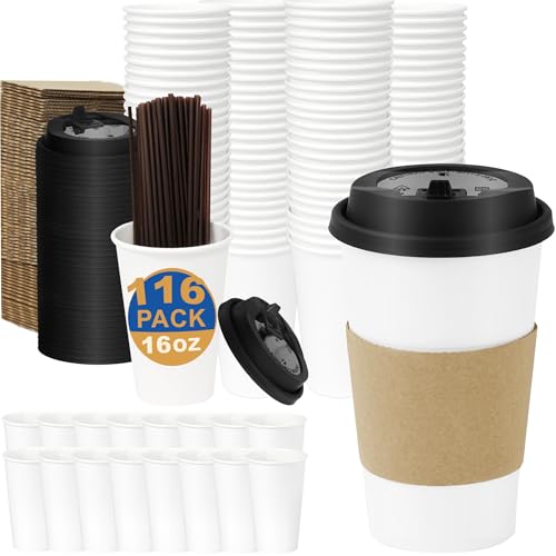 16 oz Coffee Cups + 16 Extra Cups Bulk Disposable To-Go Paper Cups with Lids and Sleeves for Hot Beverage, Chocolate, Coco...