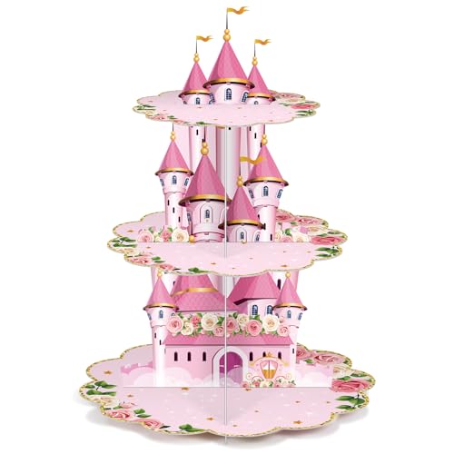 Zopeal 3 Tier Princess Birthday Cupcake Stand Party Decorations Floral Princess Cupcake Holder Pink Castle Crown Carriage ...
