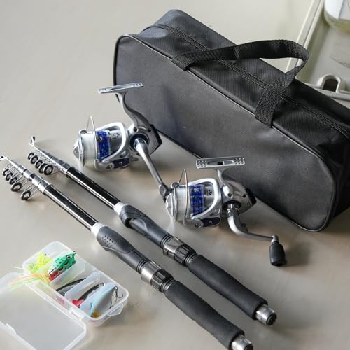 2PACK Fishing Pole Combo,Carbon Fiber Fishing Rod Spinning Reels Fishing Carrier Bag for Travel Saltwater Freshwater