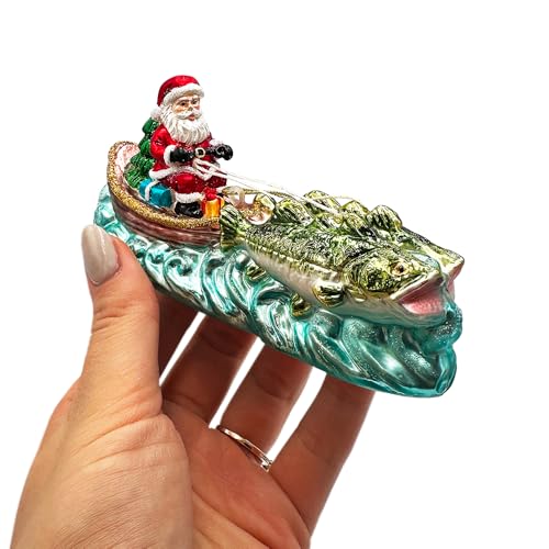 Santa's Fishing Adventure Glass Christmas Ornament, Holiday Angler Fish in Sleigh