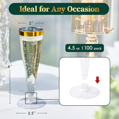 FOCUSLINE 100 Pack Plastic Champagne Flutes, 4.5 Oz Gold Rim Plastic Champagne Glasses, Disposable Clear Toasting Glasses ...