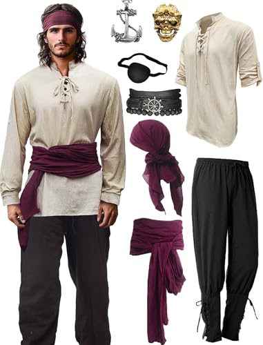 Verceco Mens Pirate Costume Outfit Renaissance Costume Men Medieval Outfit With Pirate Pants Shirts Sash Accessories (khak...