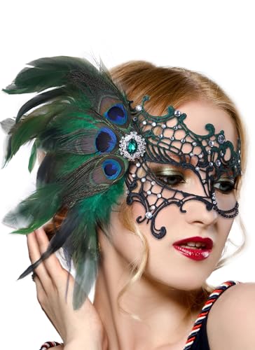 Zinniday Halloween Masquerade Masks for Women - 2026 Peacock Feather Lace Mask 1920s Venetian Eyemask for Party