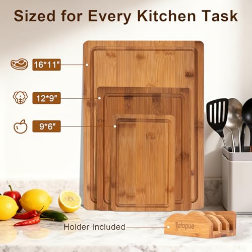 Tafopue Cutting Board Set with Holder, Space Saving Kitchen Bamboo Chopping Boards, Build in Juice Groove and Grip Handle,...