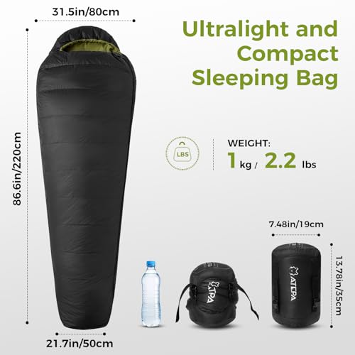 ATEPA Elements 450 Down Mummy Sleeping Bag for Adults, 0 Degree 700FP Backpacking Ultralight Cold Weather Sleeping Bag wit...