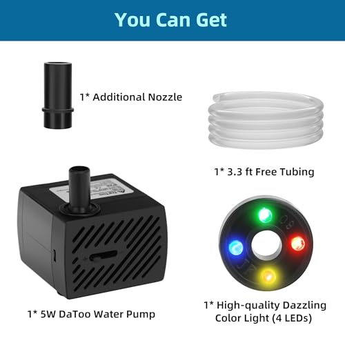 DaToo Mini Submersible Fountain Water Pump With LED Light 95GPH 5W Small Ultra Quiet Water Pump With Tubing For Aquarium F...