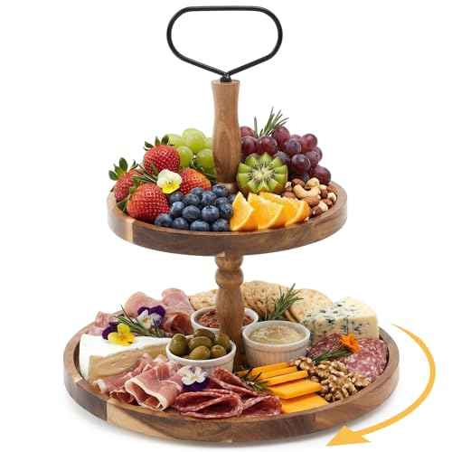 LemonRoad 2 Tiered 360° Rotatable Acacia Charcuterie Boards gift Large Wood Serving Tray Charcuterie cake stand,Perfect fo...