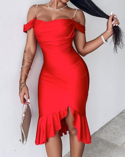 CHICME Womens Sexy Bodycon Party Dress Off The Shoulder Pearls Strap Midi Dress Ruffle Hem Cocktail Dresses