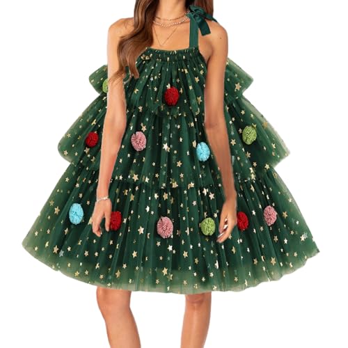Women Christmas Tree Dress Sleeveless Sequin Layered Tulle Tutu Green Dress Christmas Xmas Tree Costume