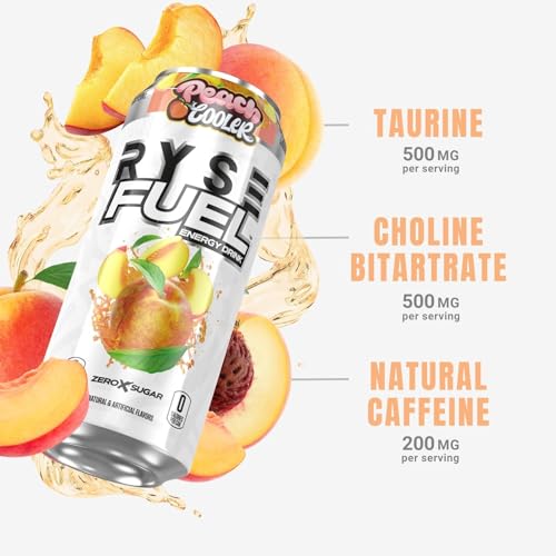 RYSE Fuel Energy Drink | On The Go Energy | 0 Sugars | 0 Calories | Vegan | 200mg Caffeine | 12 Pack (Peach Cooler)