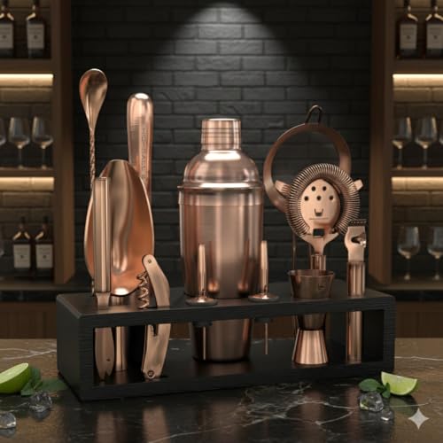Highball & Chaser 13-Piece Cobbler Cocktail Shaker Set Matte Copper Stainless Steel Bartender Kit For Home Bar Cocktail Se...