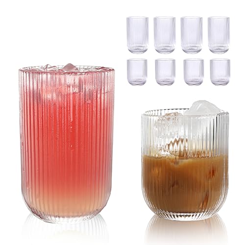 WeirdUncle Set of 8 Ribbed Glassware,4 Highball Glasses 14oz & 4 Rocks Drinking Glasses 9oz, Clear, Origami Style, Fluted ...