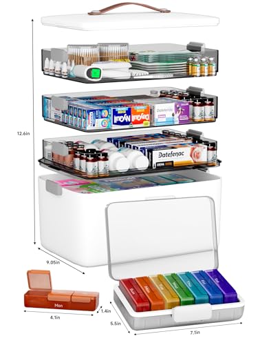 CTIME 4-Tier XL Medicine Organizer with Leather Handle - Portable Pill Case & Empty First Aid Kit for Home, Travel, RV, Sc...