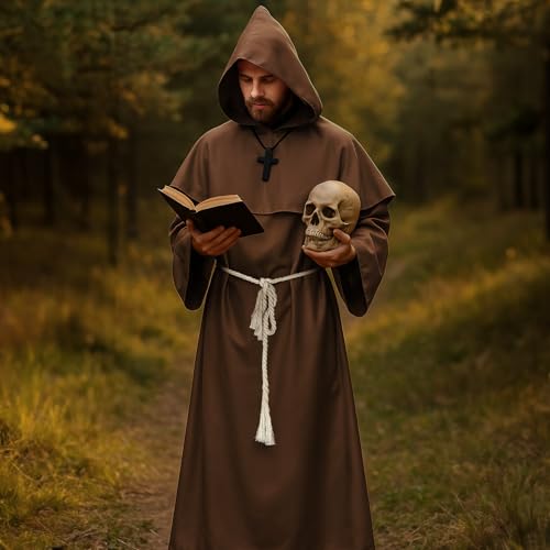 UpFind Medieval Hooded Monk Robe Costume Friar Priest Robe Cloak Renaissance Costume Men Halloween Costume Wizard Robe