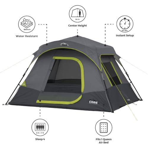CORE 4 Person Instant Cabin Tent Camping Set | Includes 1 Pop Up Tent with 60 Second Setup, 1 Outdoor Table & 2 Camp Chair...