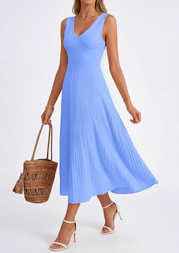 PRETTYGARDEN Women's Summer Casual Dresses 2026 Spring Sleeveless V Neck Midi Business Work A Line Pleated Cocktail Dress