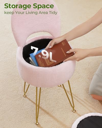 GREENSTELL Small Vanity Stool Chair with Storage and Folding Back, 13" x 13" x 17.7" Faux Fur Soft Ottoman for Teenager, 4...