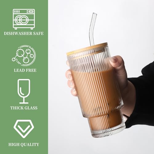 Salpae 2 Pack Glass Cups with Lids and Straws, 16oz Ribbed Drinking Glasses Tumblers Durable Drinkware Water Glasses Cup I...