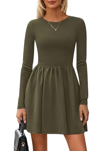 PRETTYGARDEN Women's Long Sleeve Mini Dresses 2025 Fall Casual Crewneck Pleated A Line Party Cocktail Short Dress with Pocket