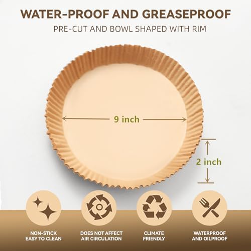 Air Fryer Liners Disposable, Parchment Paper for Baking 9inch Round, 125pcs Non-Stick Parchment Sheets for Air Fryer Basket, Microwave, Oil-proof and Water-proof for Easy Cleanup