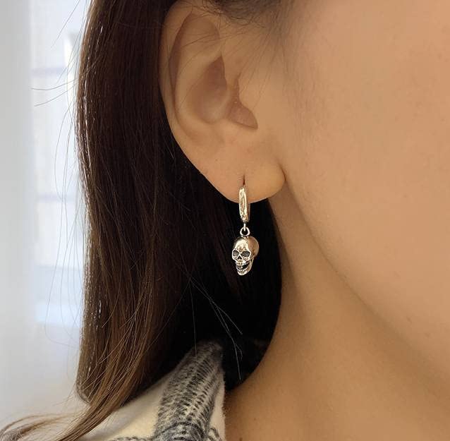 skull earrings for Women Girl Ladies,925 sterling silver Platinum plating skull Hoop earrings. (skull-01)