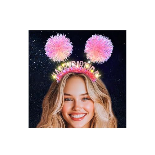 Aceorna Light Up Pink Headbands LED Happy Birthday Crown Hairbands Glowing Pom Pom Hair Accessories for Women