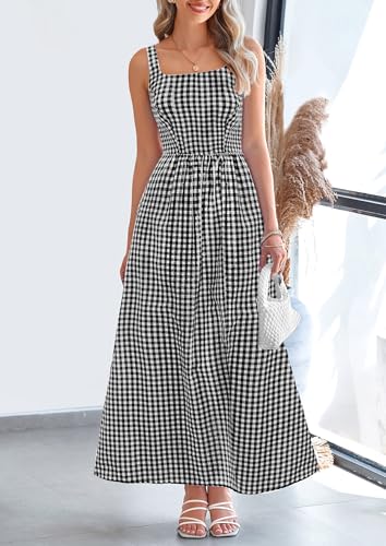 PRETTYGARDEN Women's 2026 Summer Spaghetti Strap Maxi Dresses Plaid Square Neck A Line Casual Beach Vacation Long Sundress
