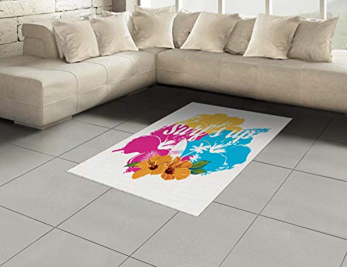 Ambesonne Beach Saying Area Rug, Tropical Hawaiian Hibiscus Flower Bouquet and Surf up Phrase with Paddle Board, Flat Wove...