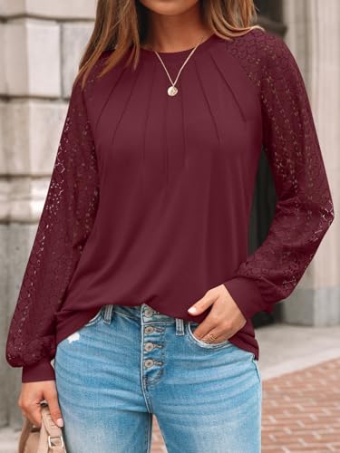 AUTOMET Womens Long Sleeve Shirts Pleated Lace Tops Fall Fashion Outfits Business Casual Blouses