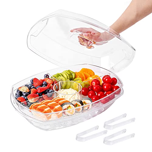 IVYHOME 3-Tier Chilled Serving Tray with Lid, 15" Fruit Ice Serving Platter with 4 Compartments, Shrimp Cocktail Serving D...