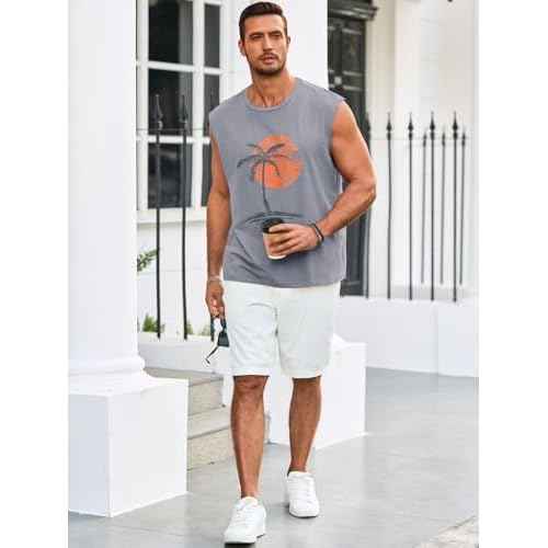 Runcati Mens Sleeveless Tank Tops Workout Gym Muscle Shirts Palm Tree Vintage Hawaiian Summer Beach T Shirts