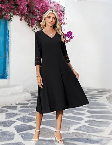 Zeagoo Women's Dresses 3/4 Sleeve Summer Casual V-Neck A Line Flowy Eyelet Midi Dress for Women Beach Vacation Sundress