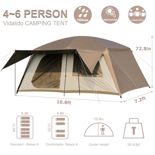 Vidalido 4-6 Person Camping Tent with 3 Door 2 Room Large Family Cabin Tents, Double Layer Waterproof Portable Glamping Te...